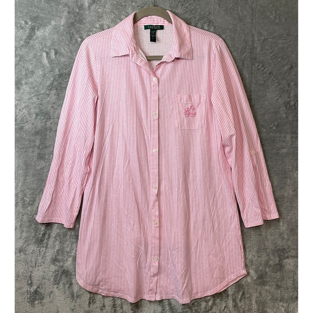 Lauren Ralph Lauren Nightgown Large Soft Pink Striped Long Sleeve Button Up